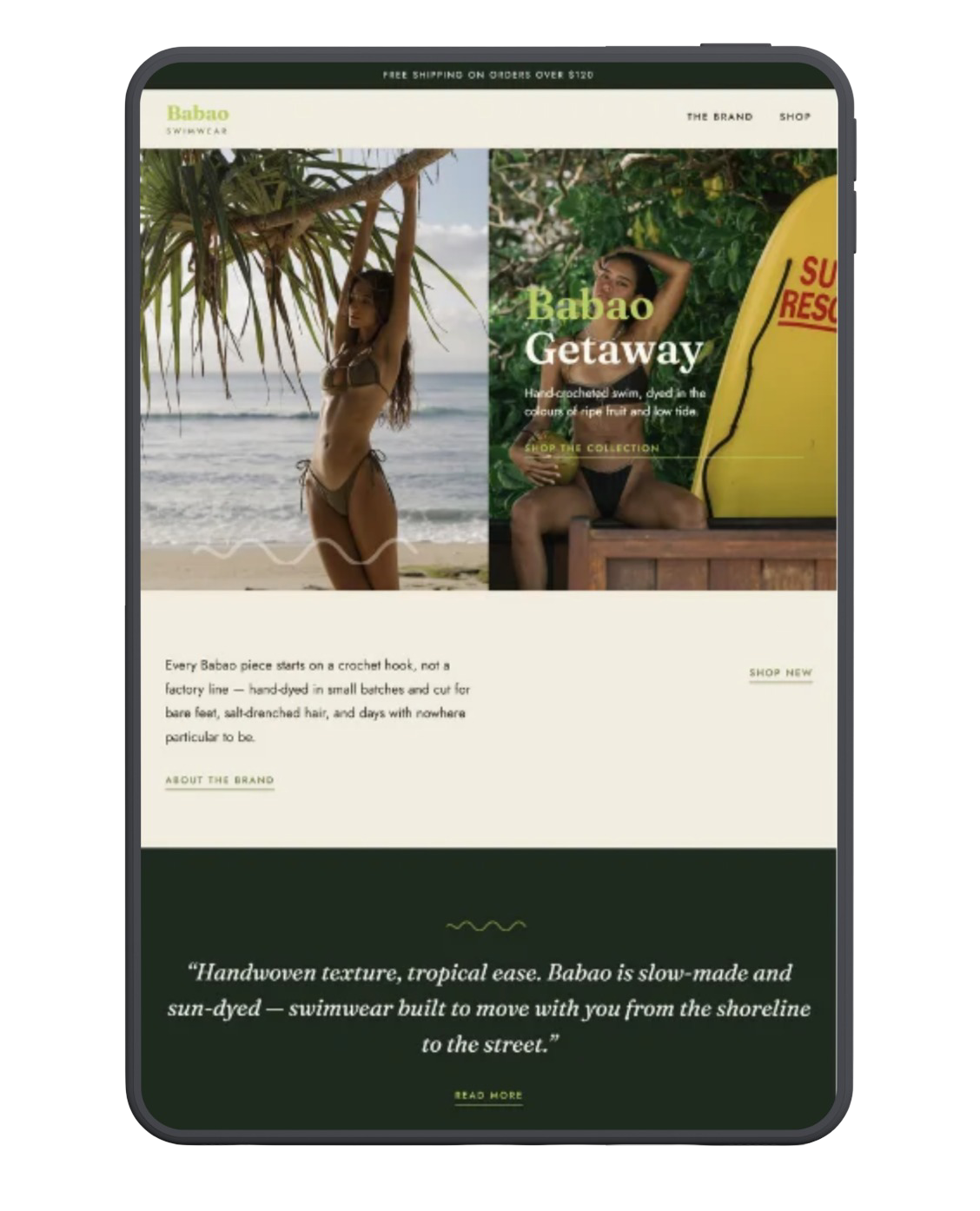 Babao Shopify theme homepage for a handcrafted swimwear and resortwear brand