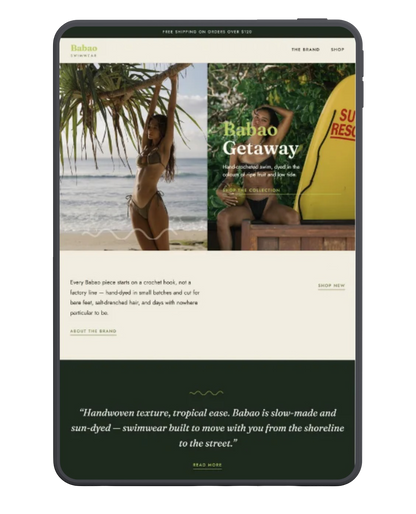 Babao Shopify theme homepage for a handcrafted swimwear and resortwear brand