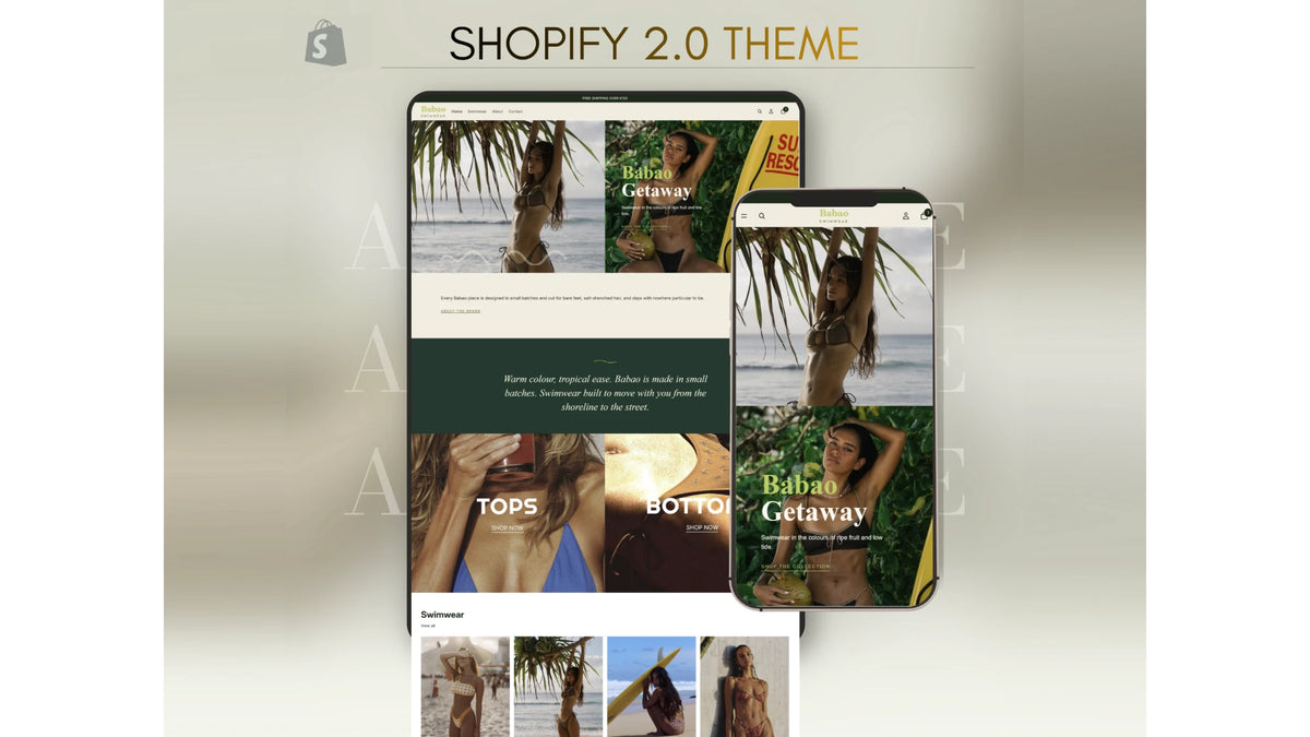 Babao Shopify 2.0 theme shown on a tablet and a phone, swimwear homepage