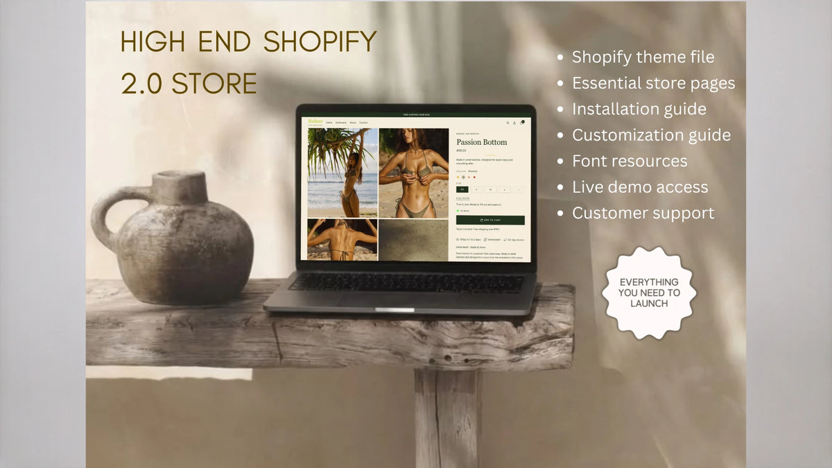 Babao high-end Shopify 2.0 store on a laptop, with the list of what is included