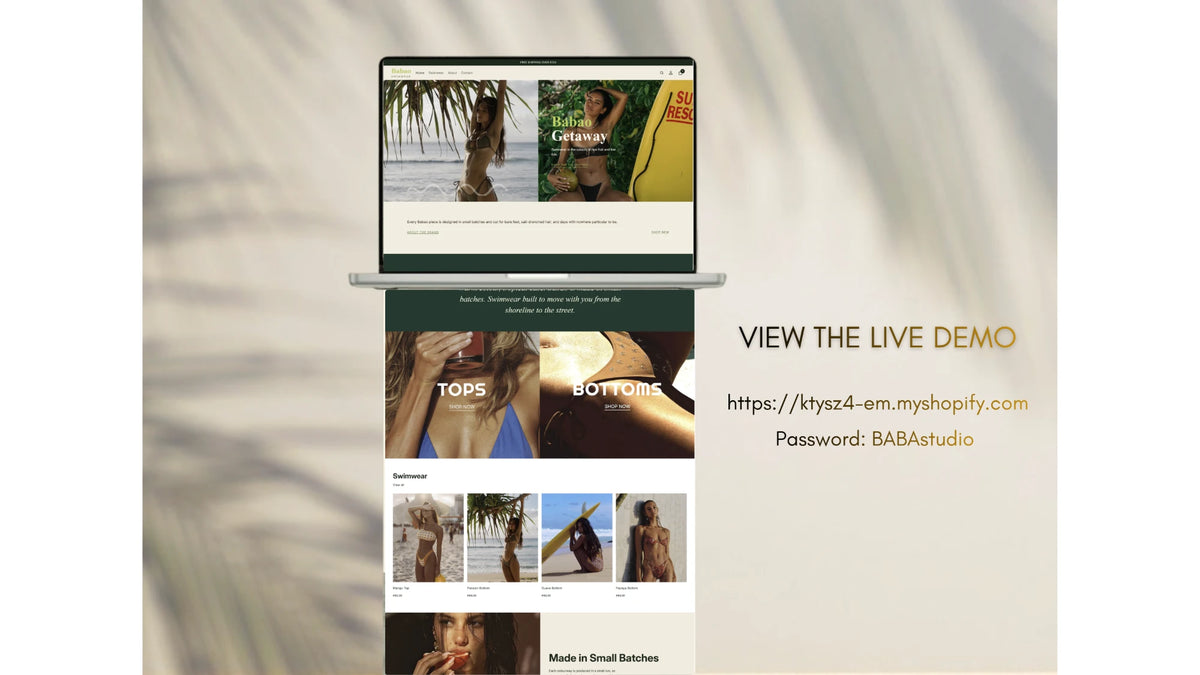 Babao theme on laptop and phone, with the live demo address and visitor access