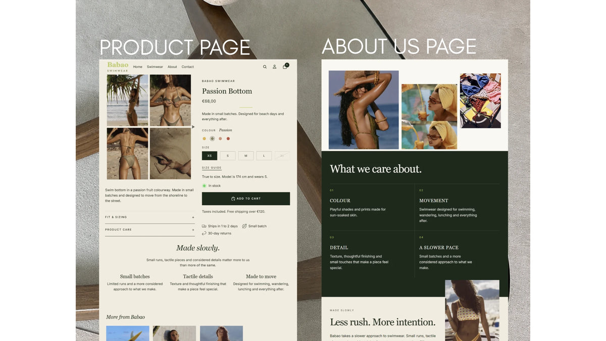 Babao product page and About Us page layouts