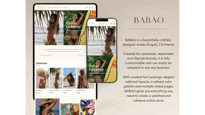 Babao brand description next to a phone and tablet showing the storefront