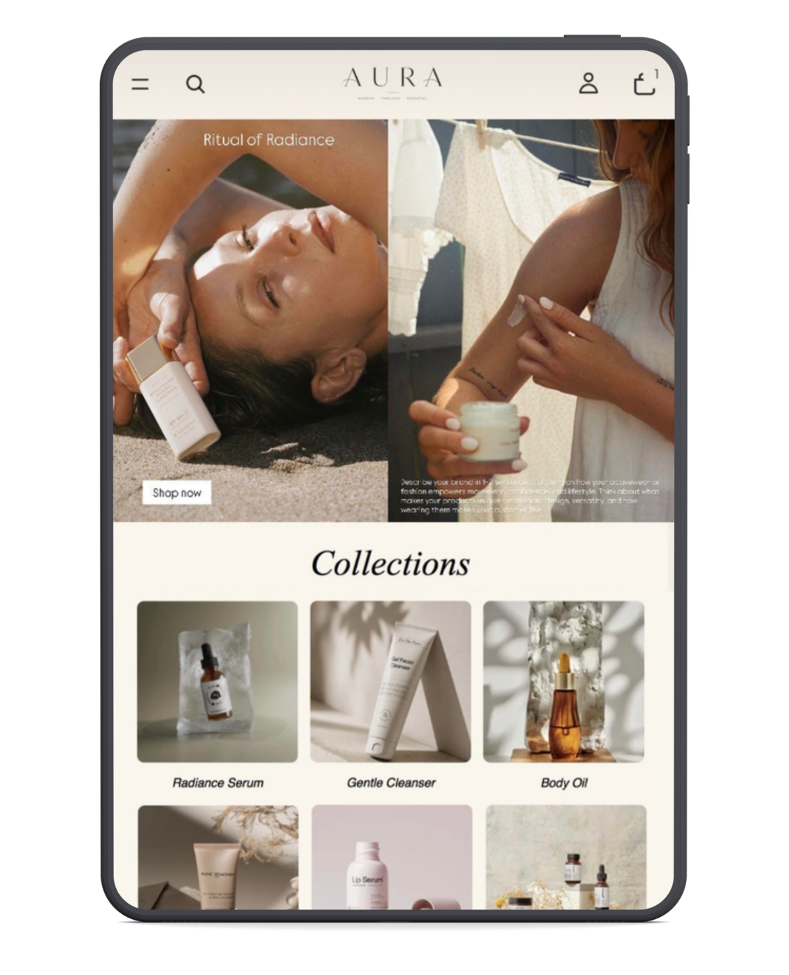 AURA Shopify theme homepage shown on a tablet
