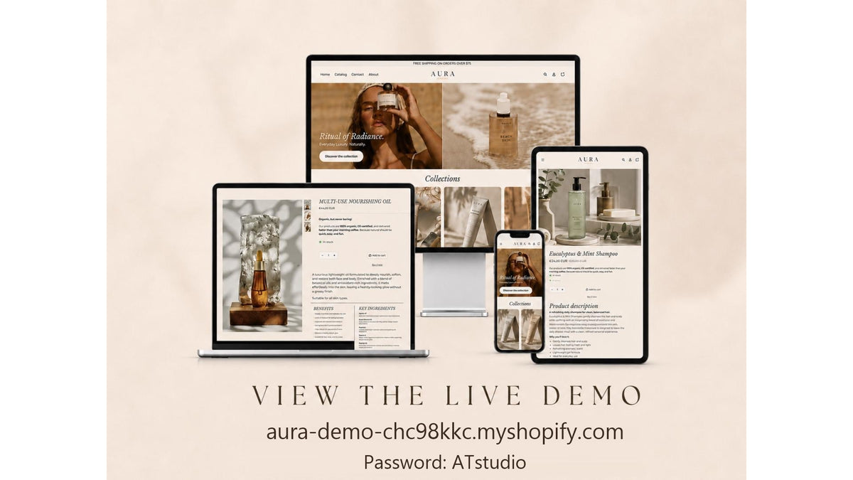 AURA theme on desktop, laptop, tablet and phone, with the live demo address and visitor password