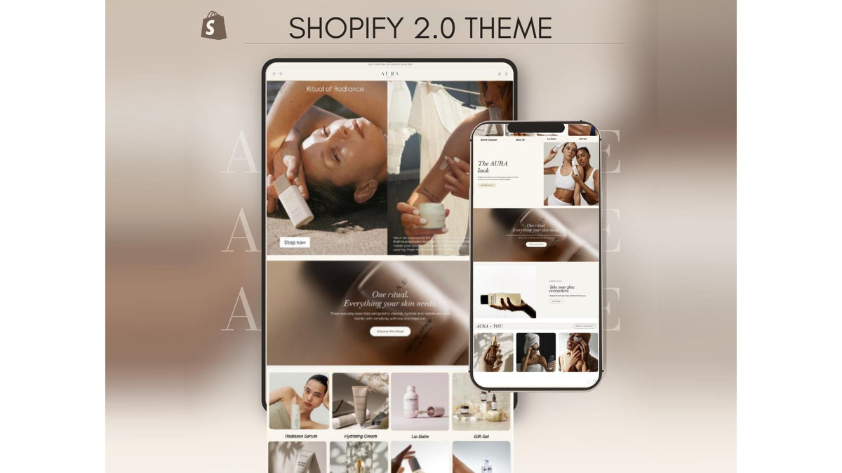 AURA Shopify 2.0 theme shown on a tablet and a phone, skincare homepage