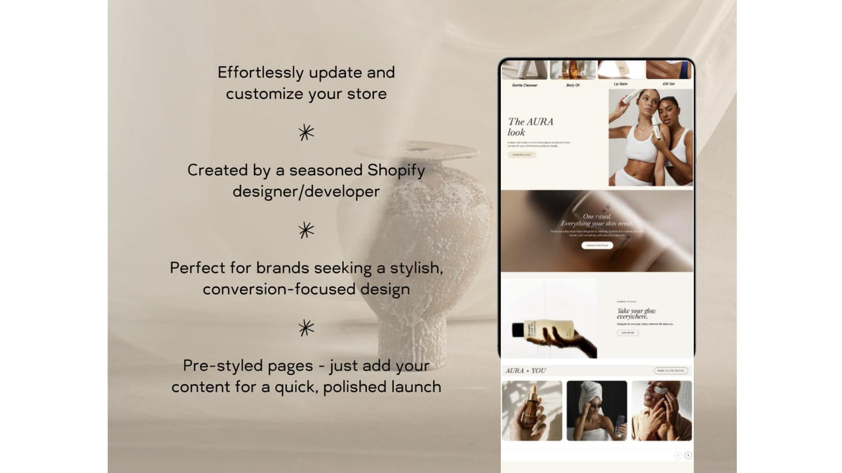 AURA theme highlights next to a phone showing the storefront