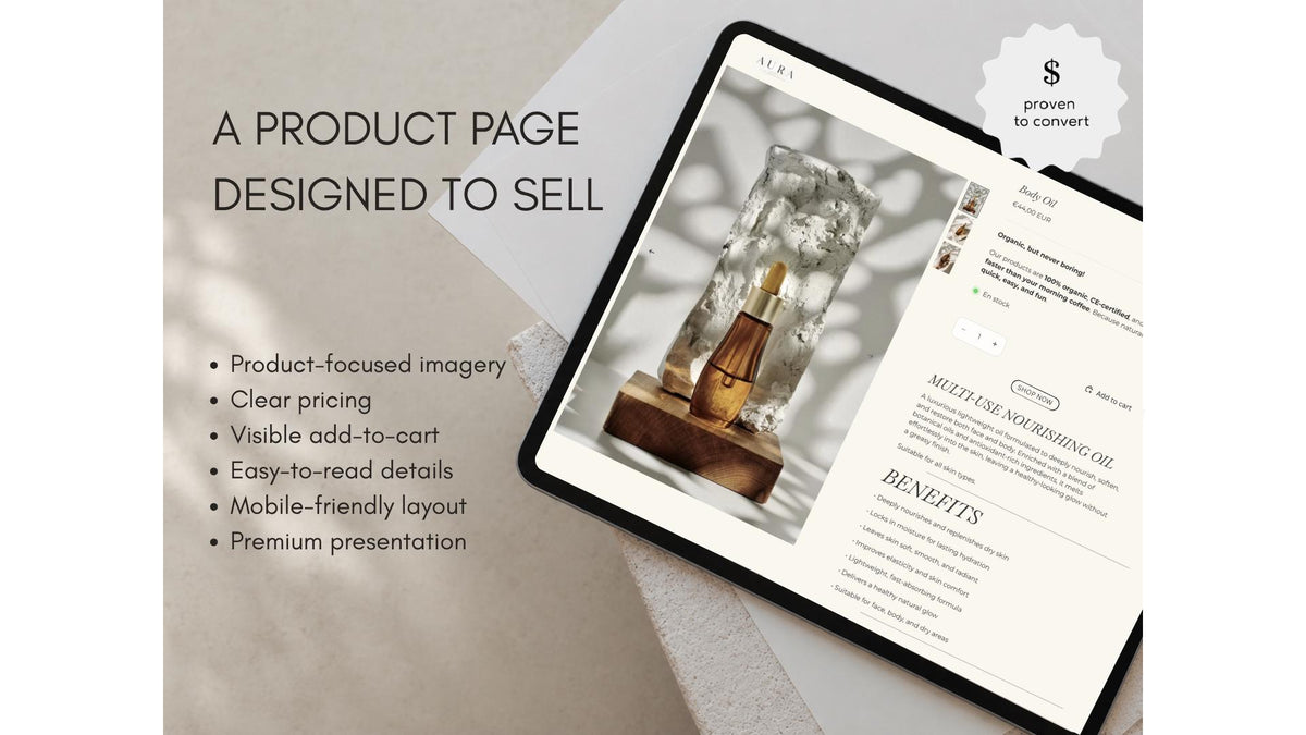AURA product page designed to sell, shown on a tablet