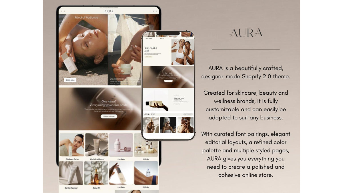 AURA homepage on a tablet and a phone with a short description of the theme