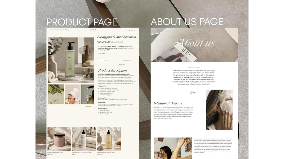 AURA product page and About page layouts