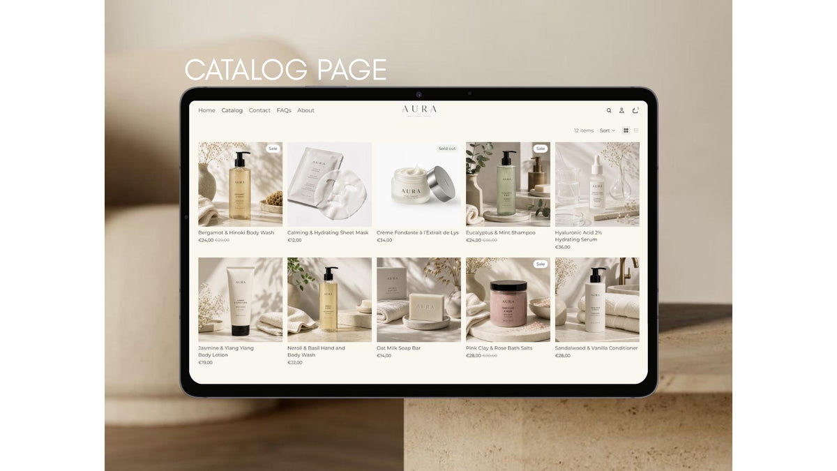 AURA collection page shown on a tablet