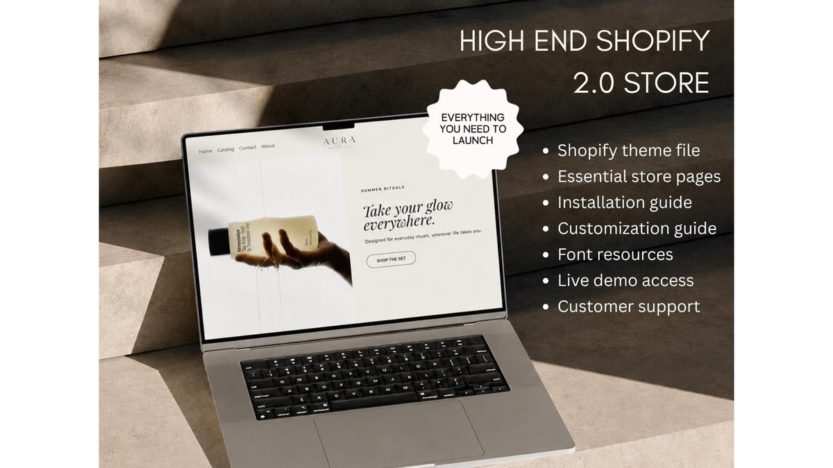 AURA high-end Shopify 2.0 store on a laptop, with the list of what is included